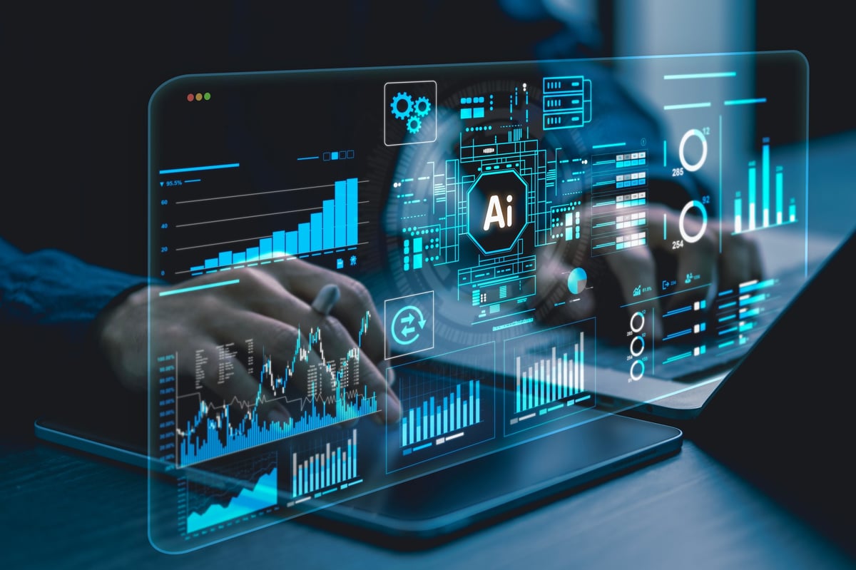 AI, data analysis. Business people use AI to analyze financial related data