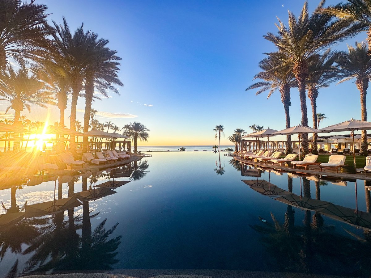 Luxury infinity pool at sunrise in Cabo
