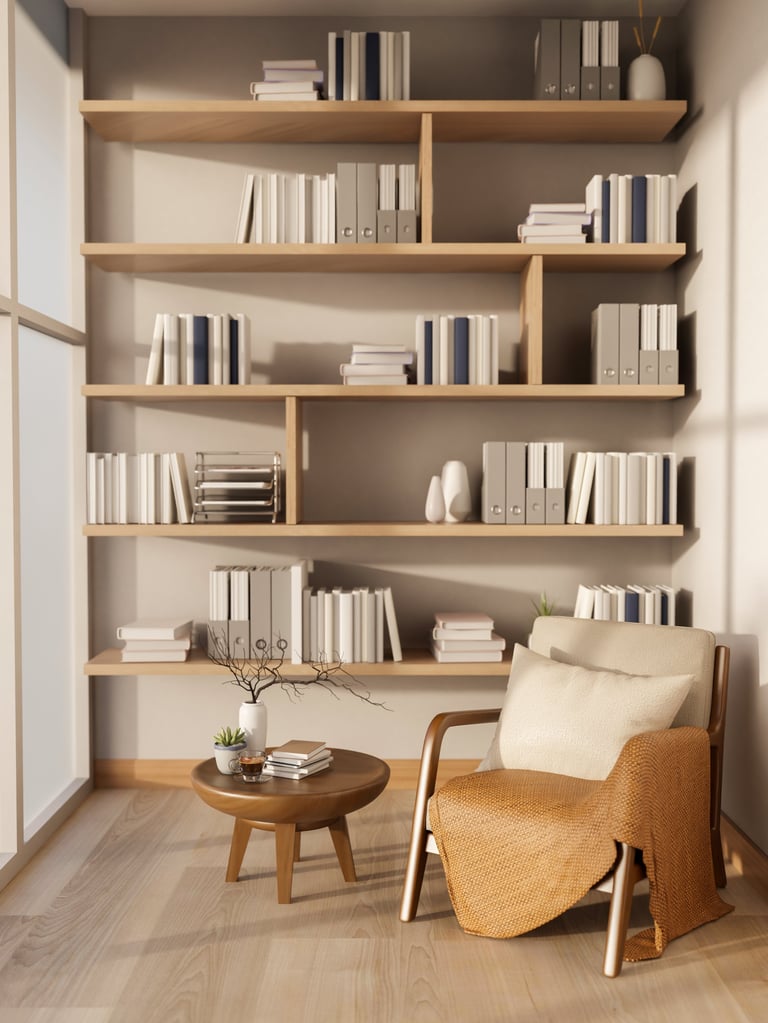 Wooden armchair with pillow and blanket and side table in front of a large bookshelf on parquet floor. Working or Study, 3D Rendering.