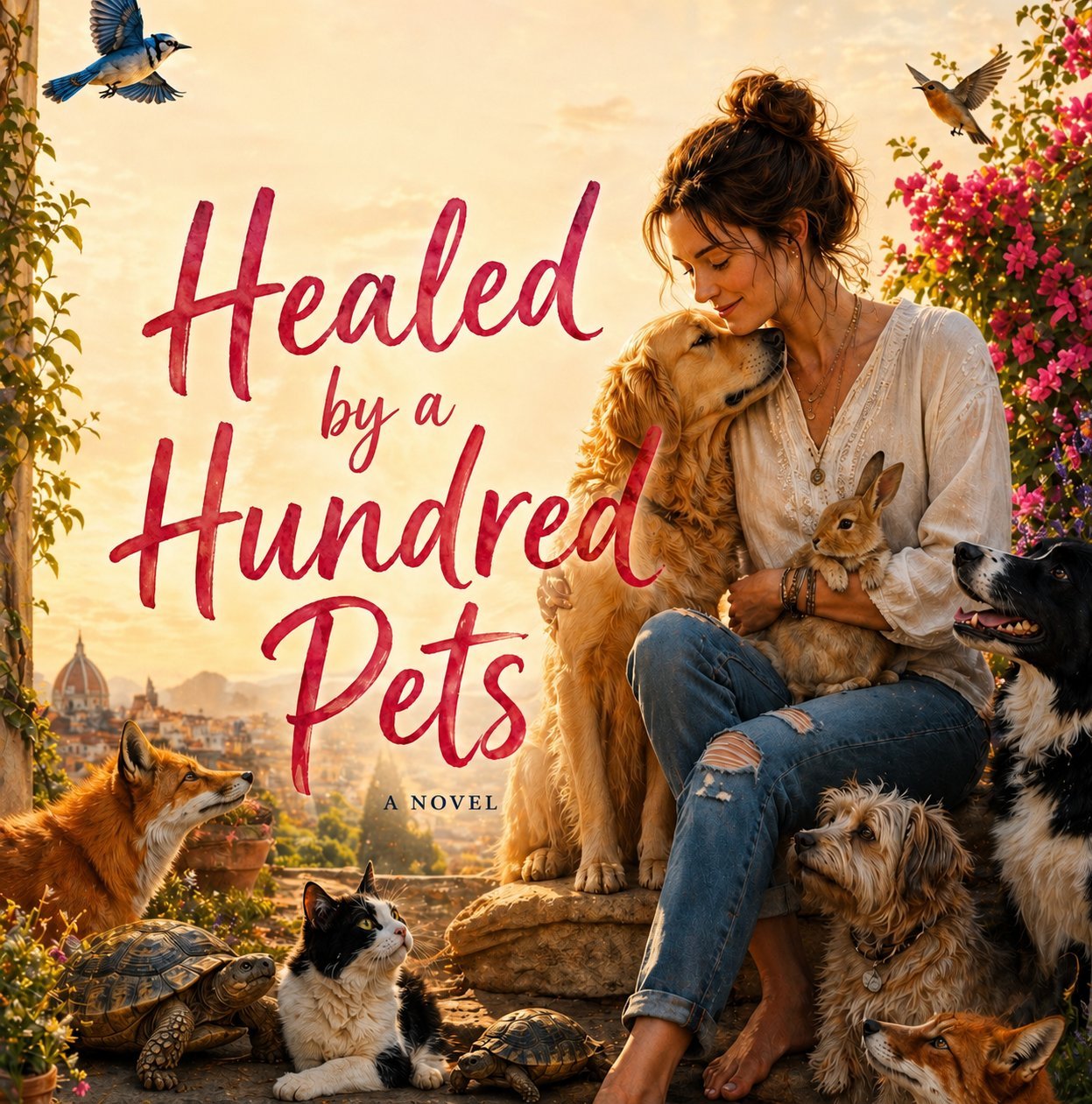 Book cover showing a woman surrounded by various pets including dogs, cats, and birds with flowering vines and Italian landscape background