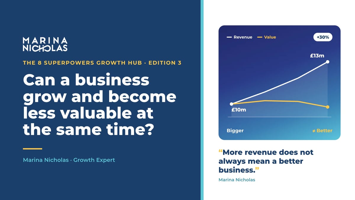 Marina Nicholas Growth Hub presentation slide about business growth and value with a line graph showing revenue versus value trends
