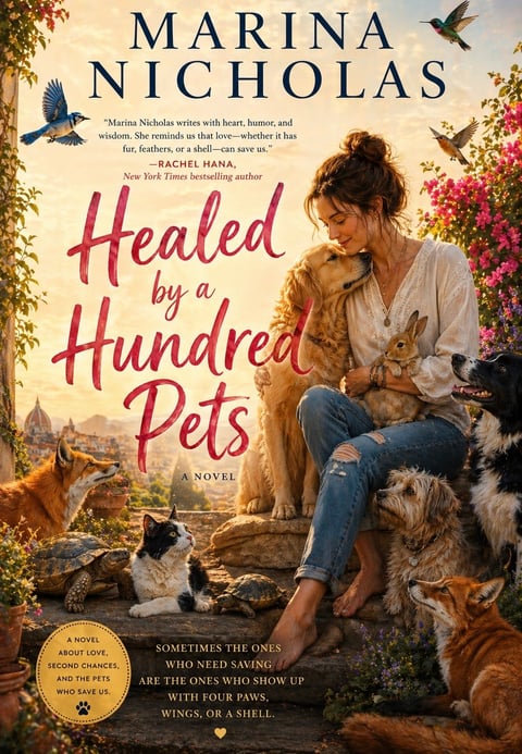 Book cover for Healed by a Hundred Pets by Marina Nicholas, featuring a woman surrounded by various animals in a garden setting
