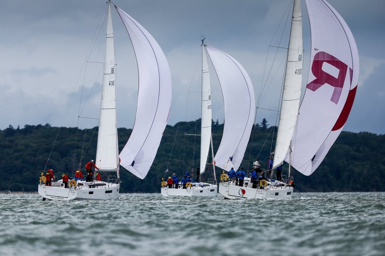 Three sailboats racing on water with white sails billowed in wind, forested coastline in background