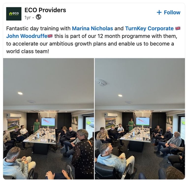LinkedIn post from Eco Providers about working with Marina Nicholas