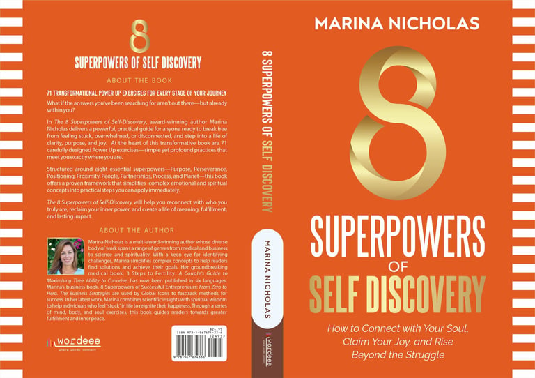Book cover for 8 Superpowers of Self Discovery by Marina Nicholas with orange background and gold number 8