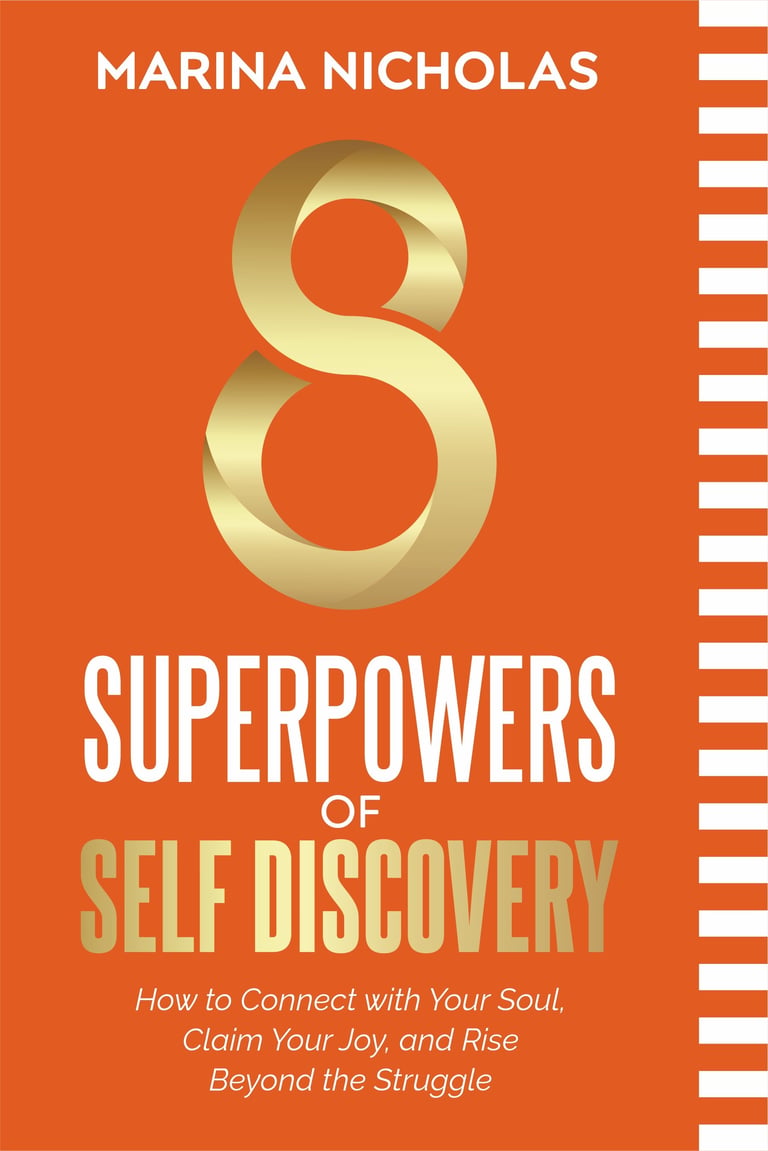 Book cover for 8 Superpowers of Self Discovery by Marina Nicholas with gold number 8 on orange background