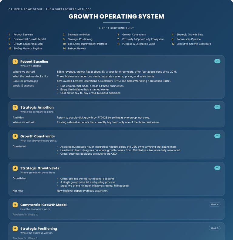 A sample company's Growth Operating System with four of its fourteen sections built