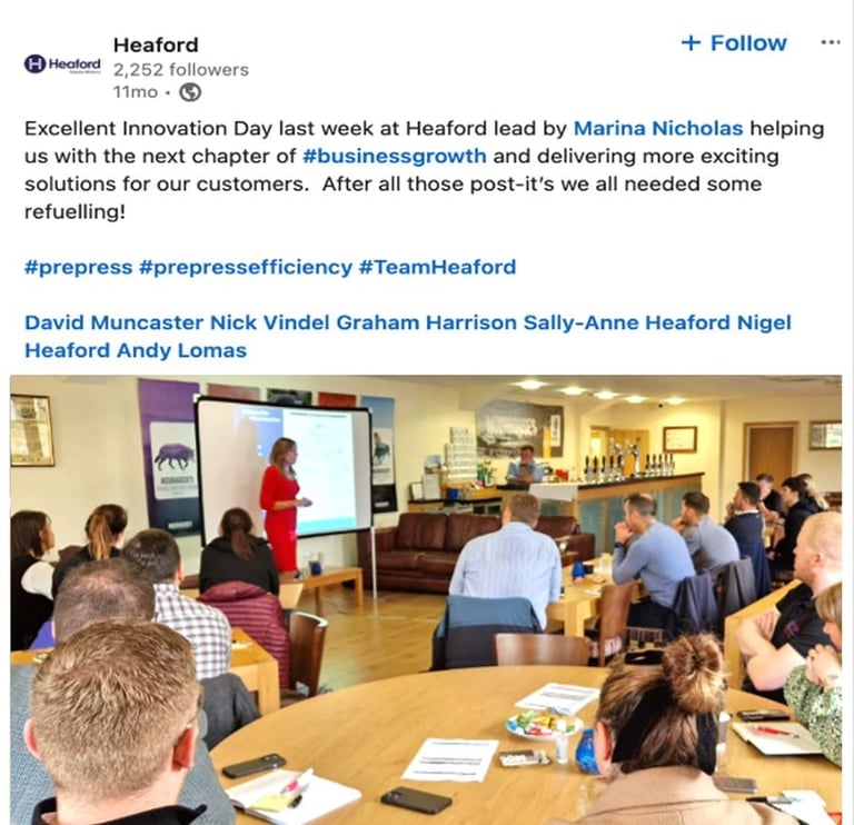 LinkedIn post from Heaford about working with Marina Nicholas